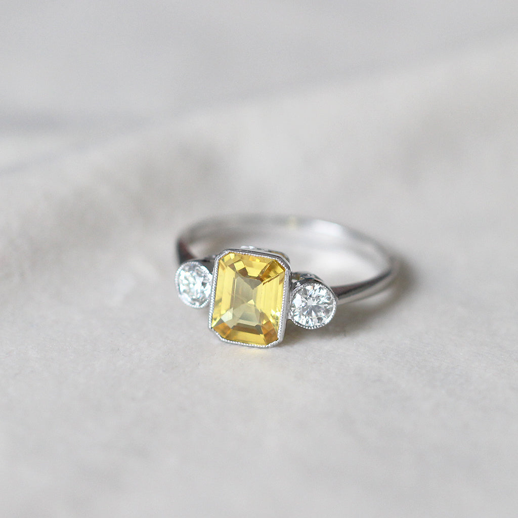 Vintage Style 1.70 Carat Yellow Sapphire and Diamond Three Stone