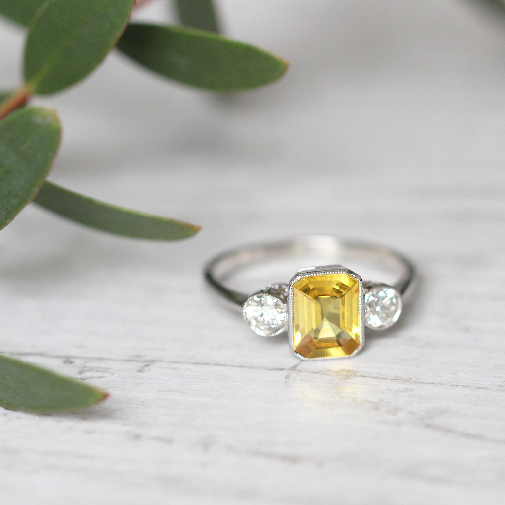 Vintage Style 1.70 Carat Yellow Sapphire and Diamond Three Stone