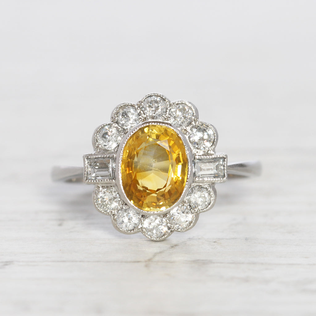 Vintage Style 1.77 Carat Yellow Sapphire and Diamond Cluster