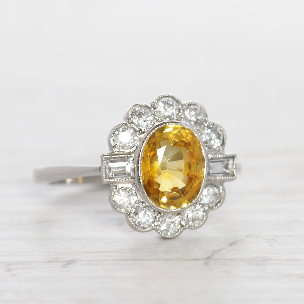 Vintage Style 1.77 Carat Yellow Sapphire and Diamond Cluster