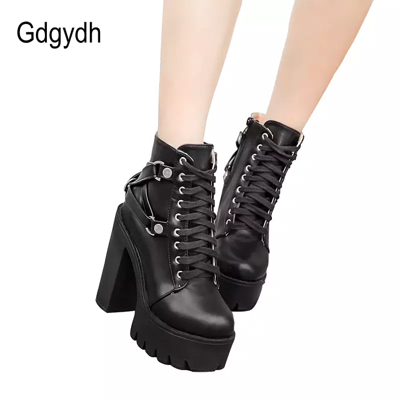 Women Heel Spring Autumn Lace-up Soft Leather Platform Shoes Woman Party Ankle Boots High Heels Punk