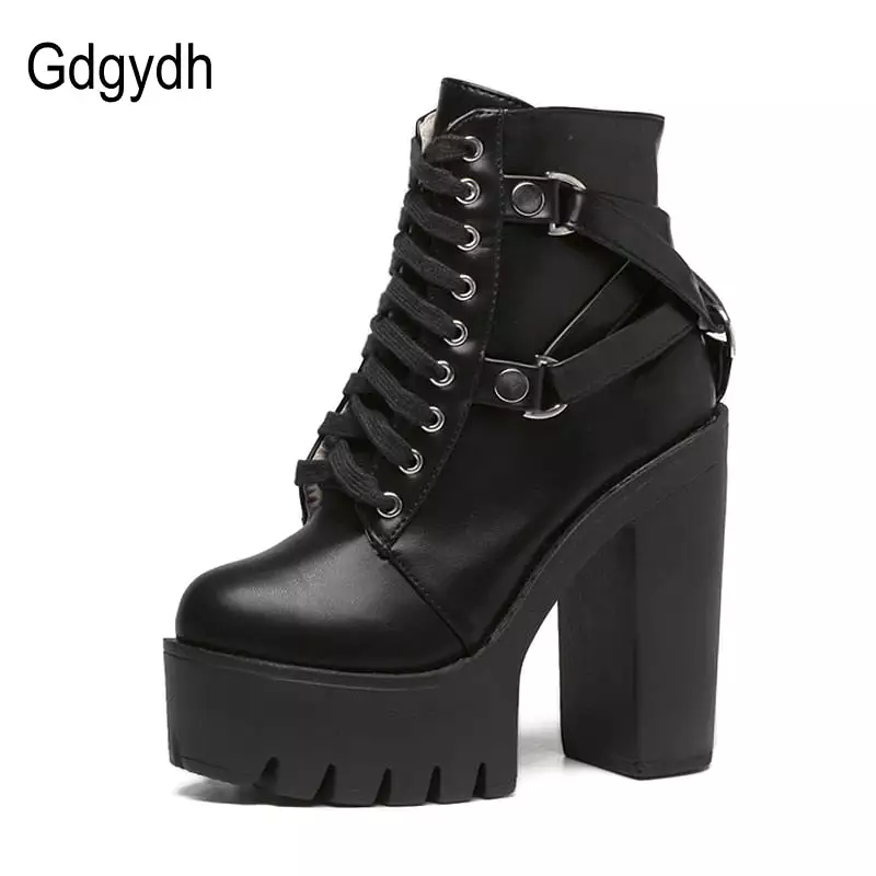 Women Heel Spring Autumn Lace-up Soft Leather Platform Shoes Woman Party Ankle Boots High Heels Punk