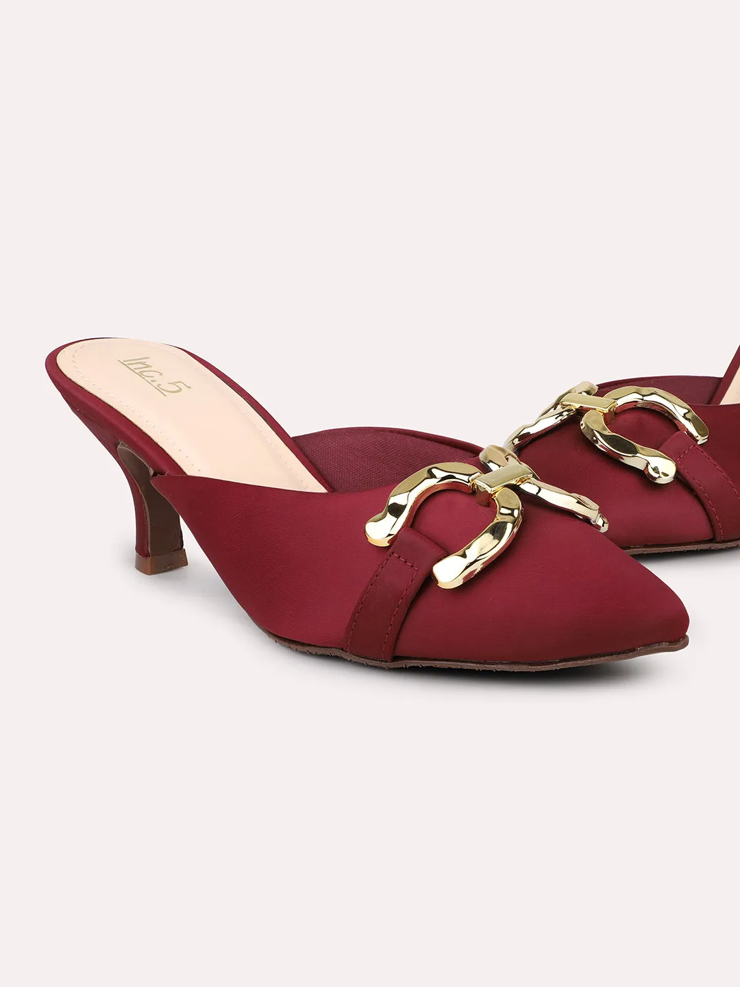 Women Maroon & Gold-Toned Buckle Embellished Kitten Heel Mules