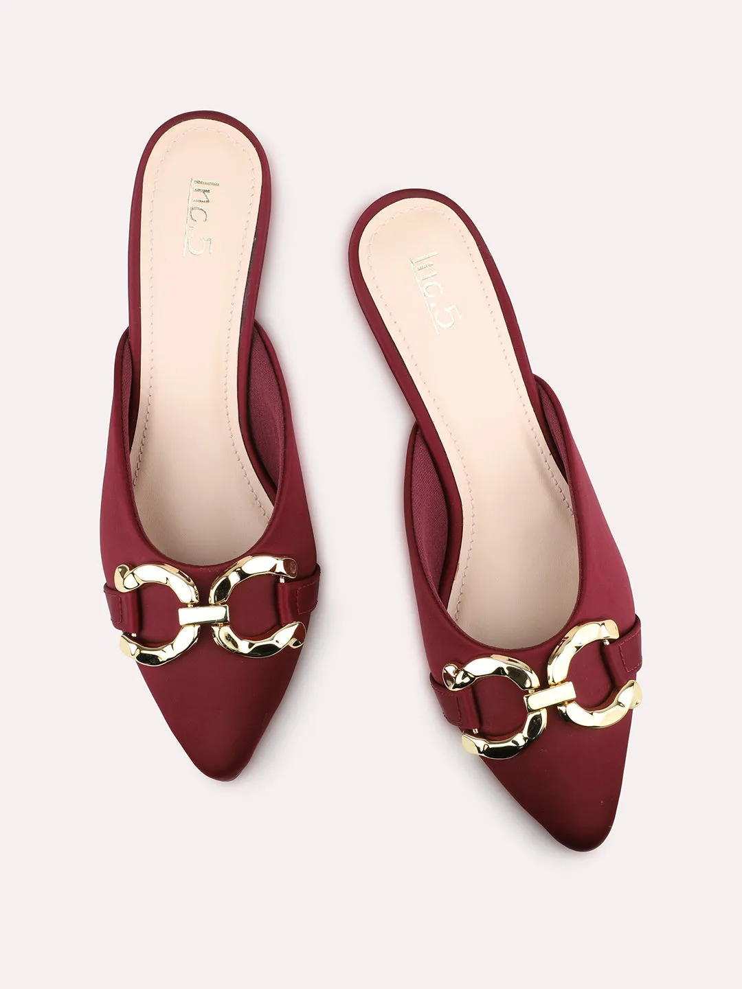 Women Maroon & Gold-Toned Buckle Embellished Kitten Heel Mules