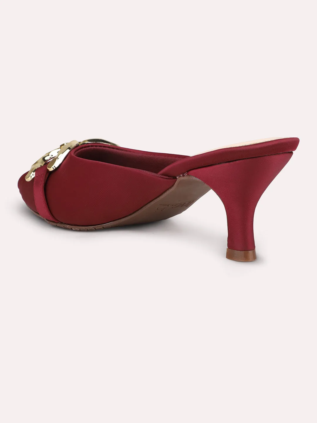 Women Maroon & Gold-Toned Buckle Embellished Kitten Heel Mules