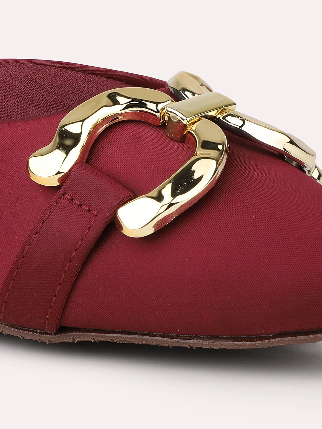 Women Maroon & Gold-Toned Buckle Embellished Kitten Heel Mules