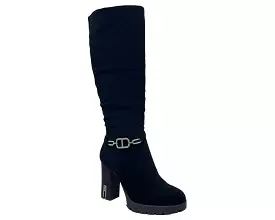 Women's Block Heels Zip Diamante Knee High Boots