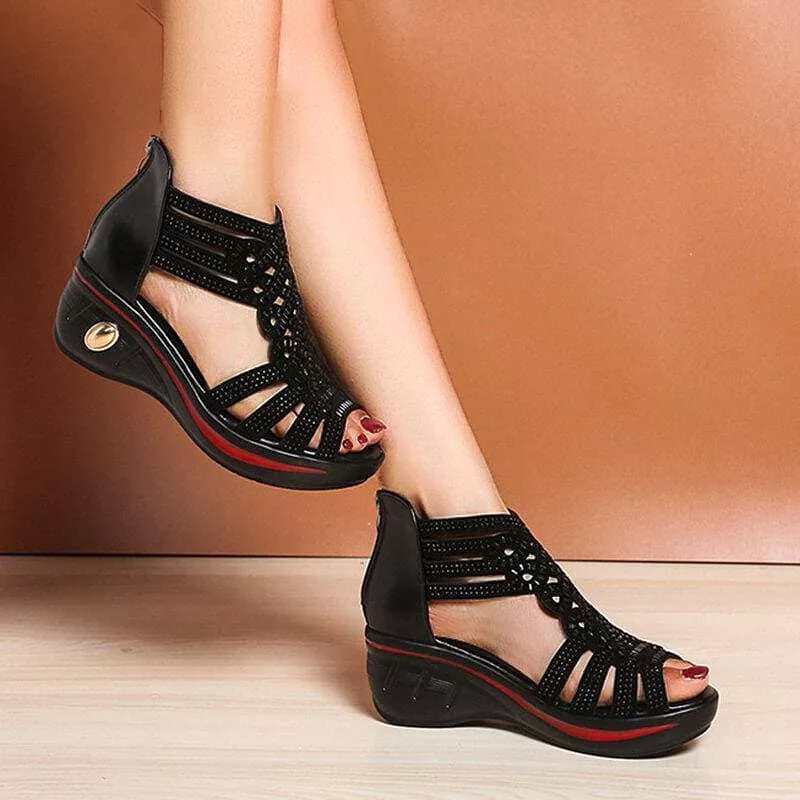 Women's Elegant Daily Rhinestone Hollow-out Wedge Sandals