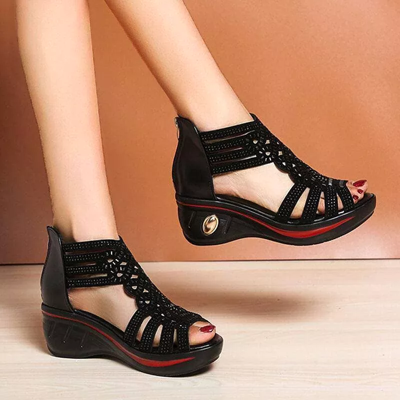 Women's Elegant Daily Rhinestone Hollow-out Wedge Sandals