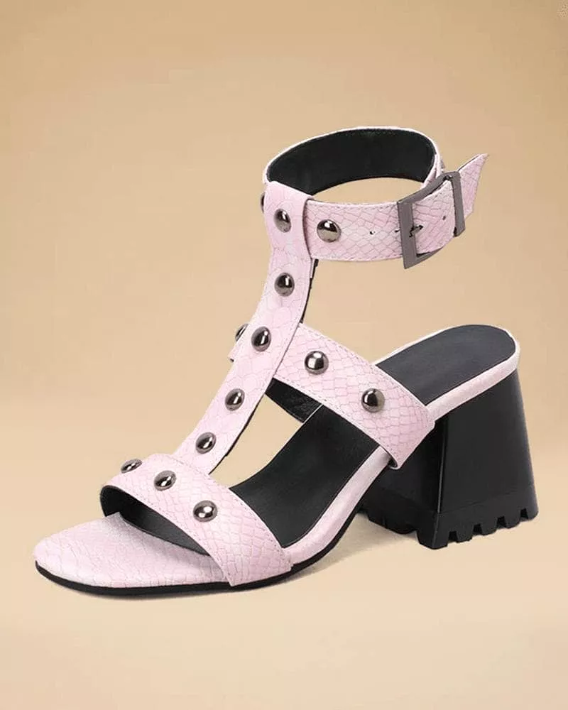 Women's Elegant Rivet Adjusting Buckle Block Heel Sandals