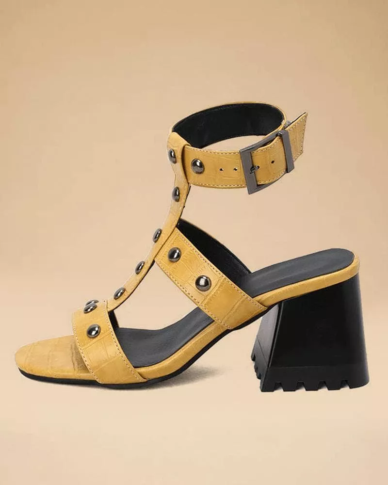 Women's Elegant Rivet Adjusting Buckle Block Heel Sandals