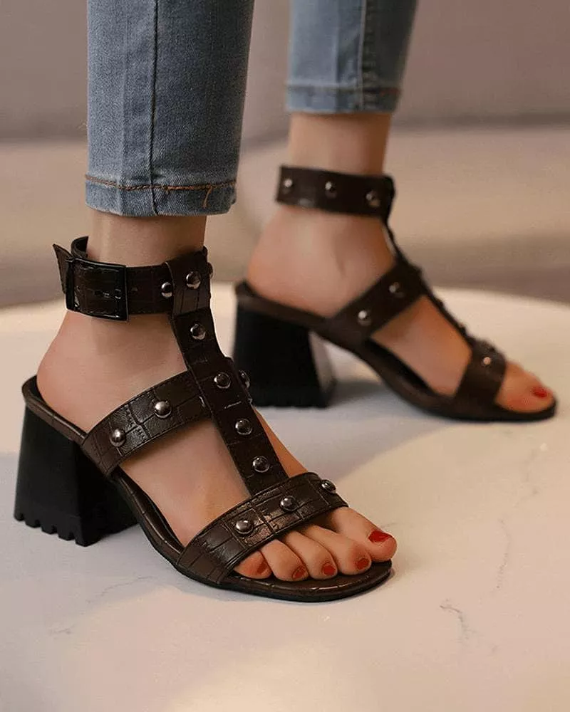 Women's Elegant Rivet Adjusting Buckle Block Heel Sandals