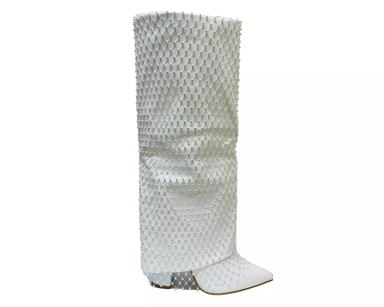 Women's Kneel High Fold Over Diamante Fishnet Block Heel Boots