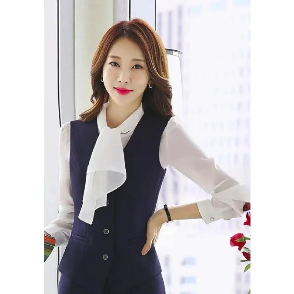 Women's Navy Blue Winter Formal Solid Pattern Vest Mid Waist Pants Set