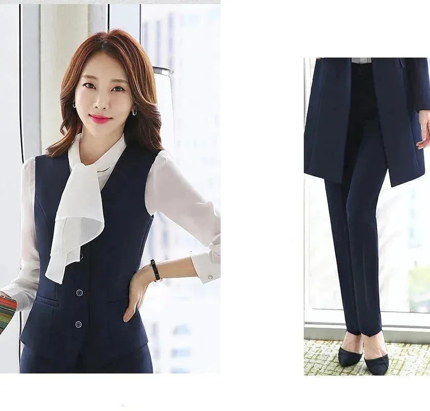 Women's Navy Blue Winter Formal Solid Pattern Vest Mid Waist Pants Set