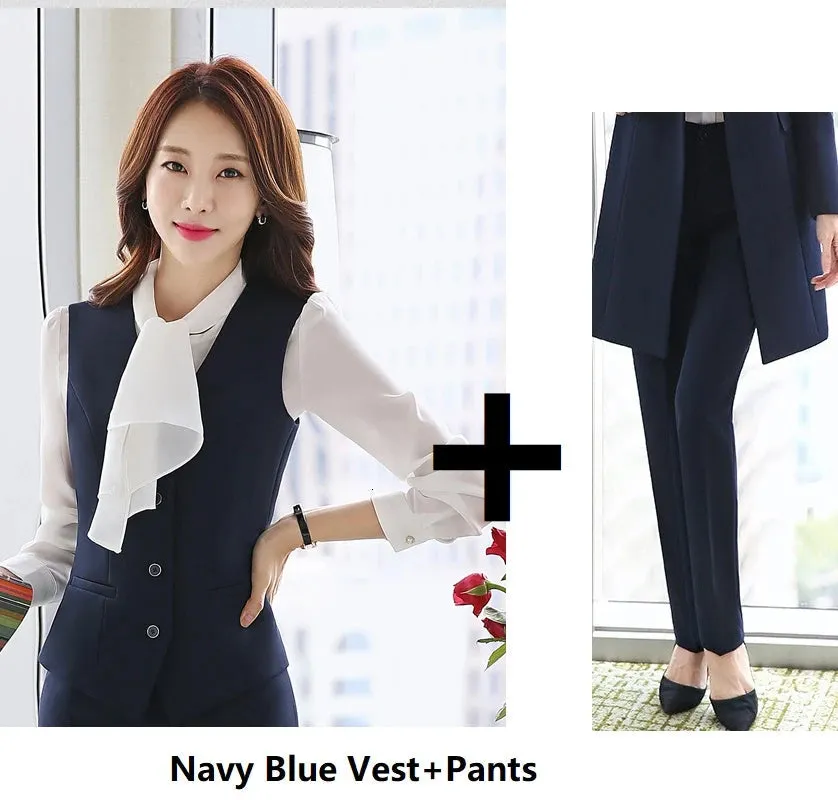 Women's Navy Blue Winter Formal Solid Pattern Vest Mid Waist Pants Set