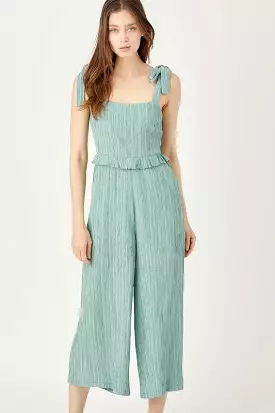 WRINKLE TEXTURE WIDE LEG RUFFLE JUMPSUIT - DUSTY TURQUOISE